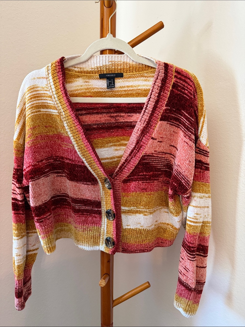 Forever 21 Striped V‑Neck Cardigan — Pink, Burgundy, Mustard, Cream